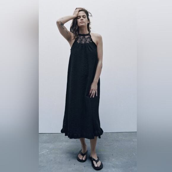 NWT Zara Knit Black Lace Halter Neck Midi Dress, Size S - Picture 4 of 8